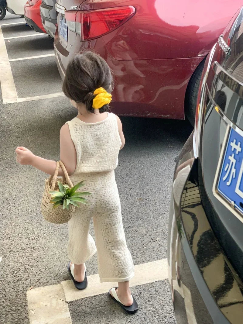 Girl's Clothing Summer Korean Thin Knitted Girl Set Children Hollow Breathable Vest + Wide Leg Pants Two-piece Suit