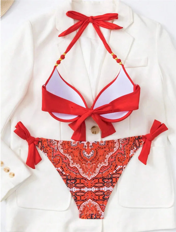 Push Up Halter Bikini Printed Swimsuit Women Sexy Strappy Swimwear Female Bathers Bathing Swimming Swim Suit Beachwear