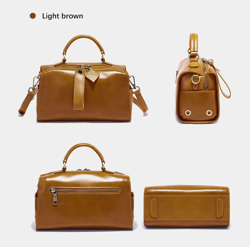 Zency Oil Wax Leather Vintage Green Handbag Women Shoulder Bag Satchel Black Wave Pattern Wide Strap Classic Boston Bag Purse