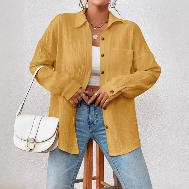 100% Cotton Gauze Muslin Women Shirts Casual Turn Down Collar Long Sleeve Top Office Lady Elegant Blouses for Women Blusas