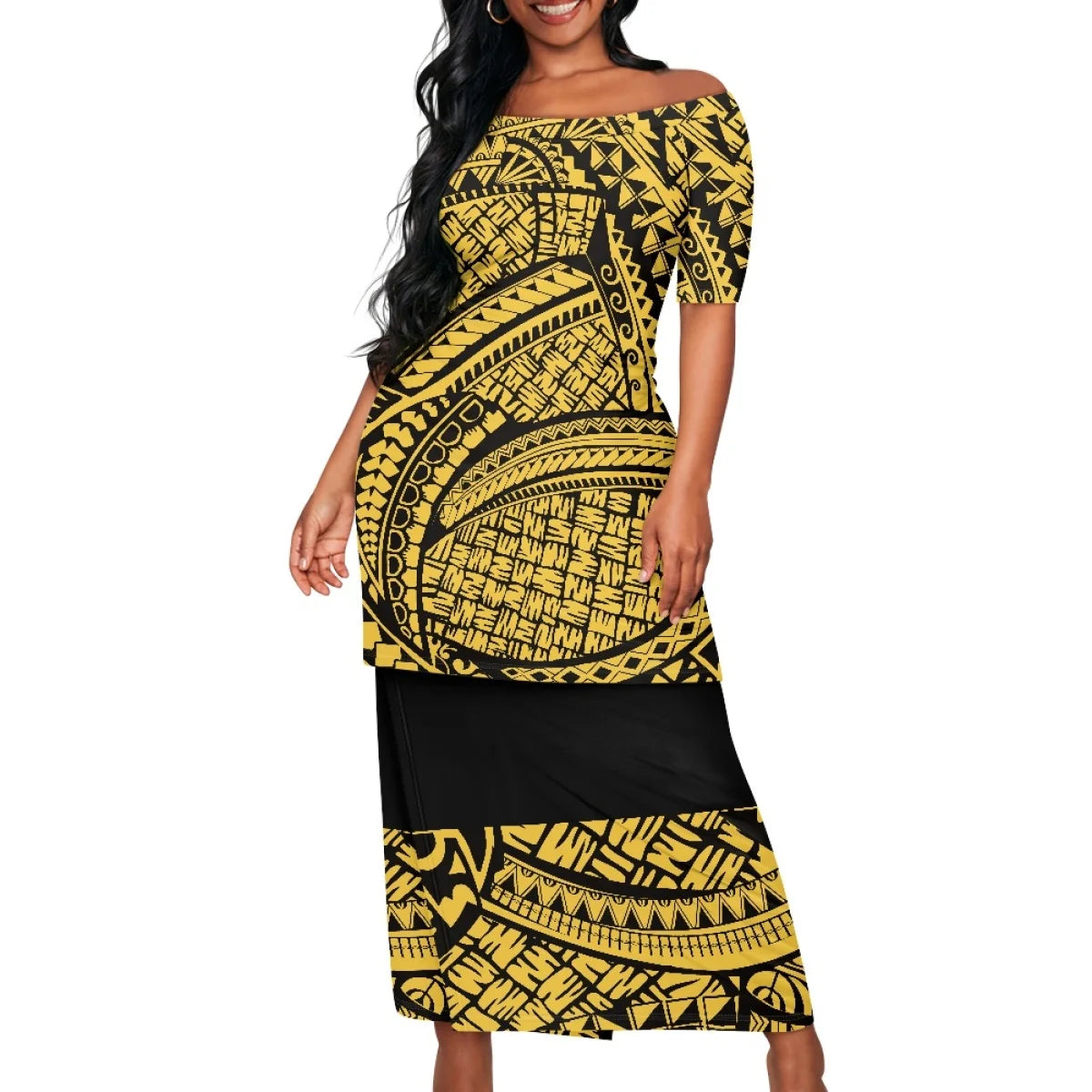 Summer Islander Women Puletasi Samoa Dresses Lady Short Sleeve Off shoulder Two Piece Set Polynesian Tribal Clothing White Print