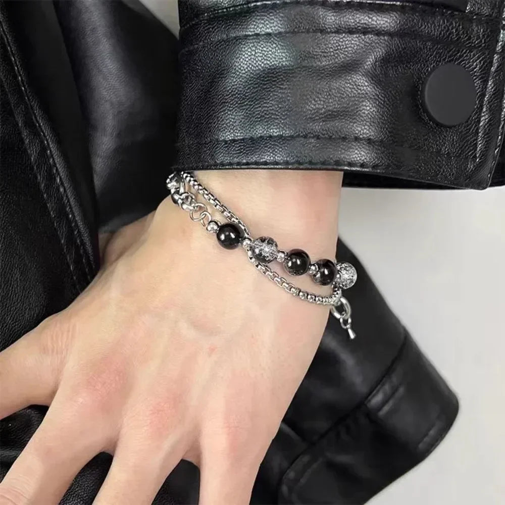 Retro Black Cracking Beads Bracelet for Men Women Stainless Steel Double Layered Chain Fashion Hip-pop Jewelry Pulseras