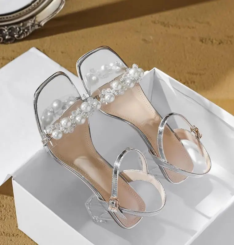 Summer Fahsion Sandals Women 2026 New Pearl High Heels Slippers Girls Crystal Heel Summer Shoes Trendy Slides Transparent Sandal