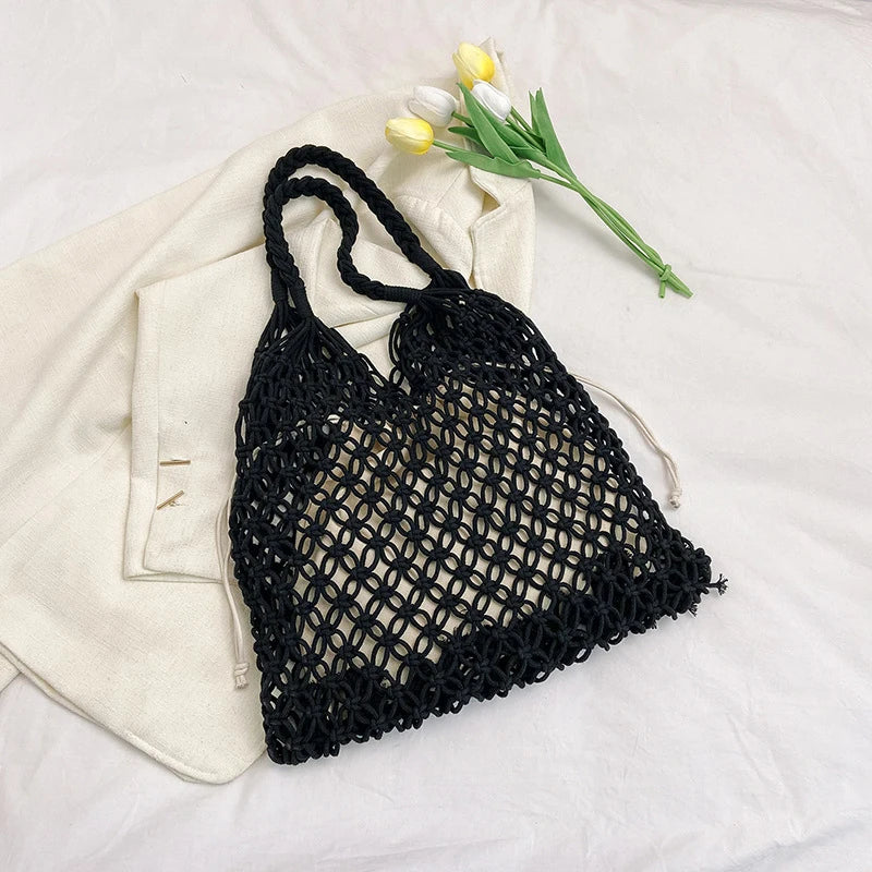 Summer Woven Bag for Women Handbags Handmade Knitted Beach Boho Shoulder Bag Large Tote Bag Hollow Out Shopping Bag