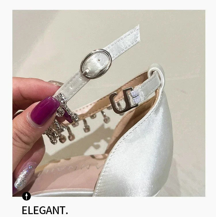 Comemore White Wedding Bridesmaid Shoes Satin Fashion Rhinestone Fringe Chain High Heels Black Temperament Elegance Pumps