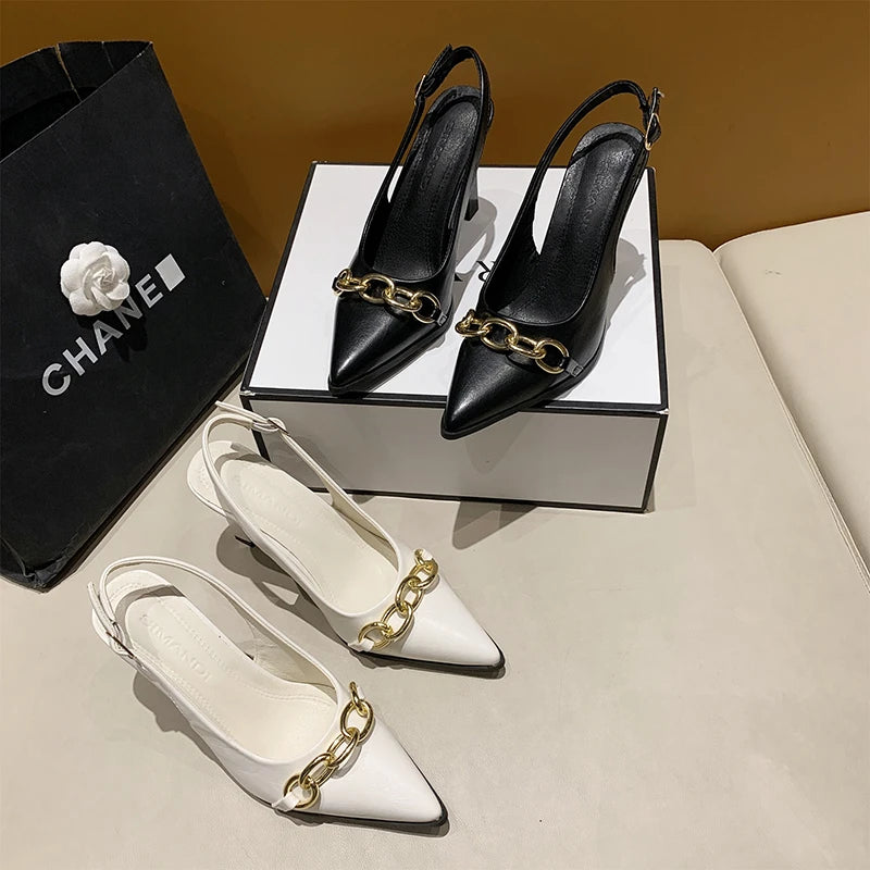 Summer Women Sandals Elegant Versatile Women High Heels Party Wedding Fashion Point-toe Ladies Causal Dresses Shoes Metal Chain