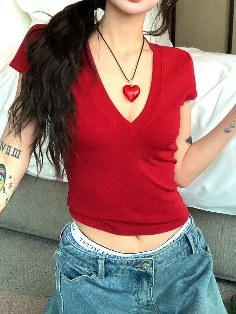 V-neck Short Sleeve Tops Casual Women T Shirts Black Summer Skinny Sexy Solid Basic Crop Top Fashion Streetwear