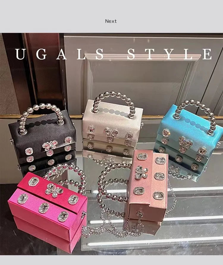 Luxury Designer Satin Square Box Crystal Shiny Diamonds Evening Bag Women's Handbag Wedding Party Clutch Purse Crossbody Bag