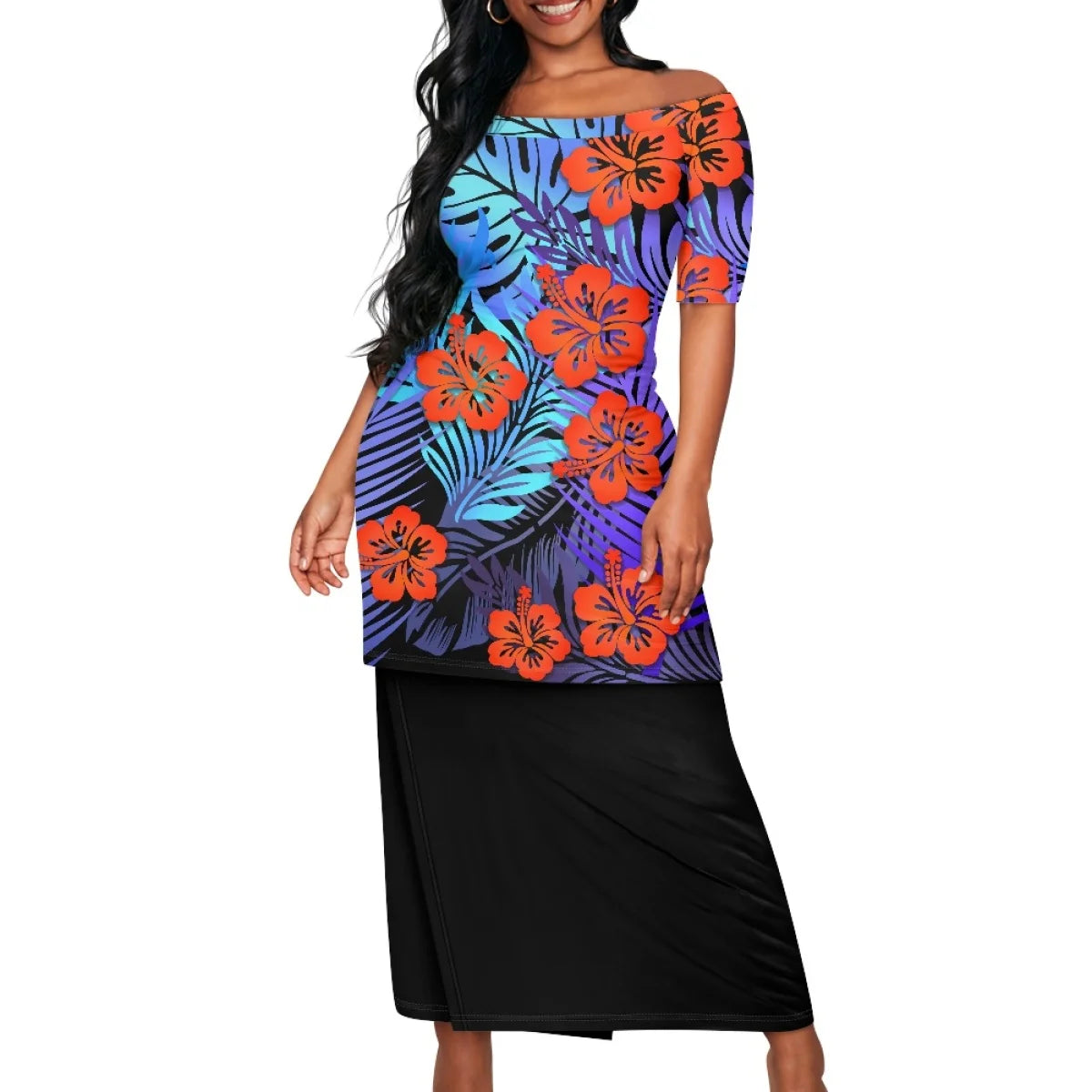 Summer Islander Women Puletasi Samoa Dresses Lady Short Sleeve Off shoulder Two Piece Set Polynesian Tribal Clothing White Print