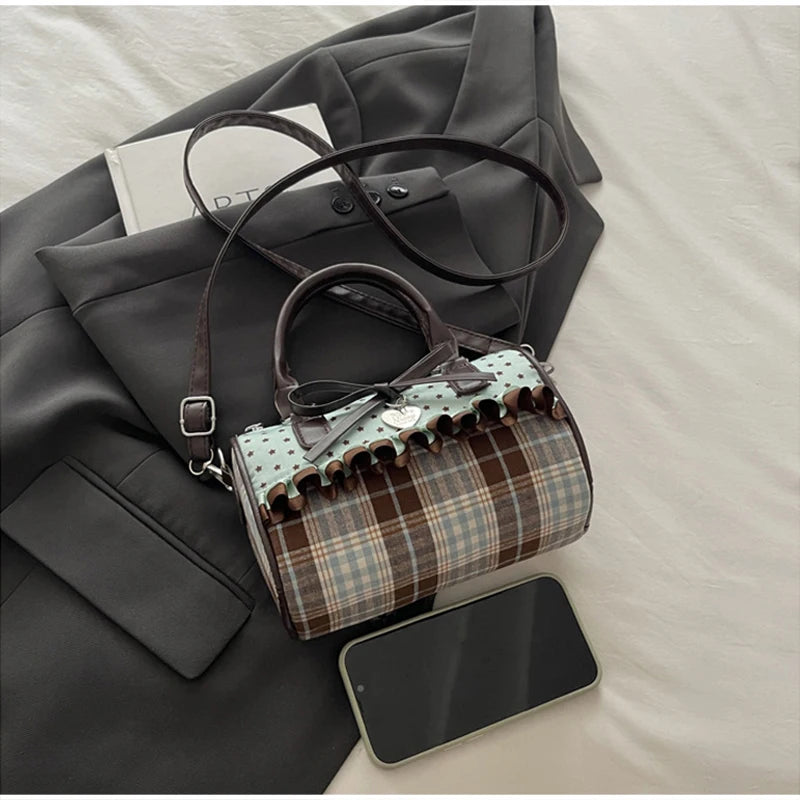Korean Bow Pillow Bag Women Star Checkered Handbag Blue Brown Pleated Edge Shoulder Bag Cute Heart-shaped Pendant Crossbody Bag