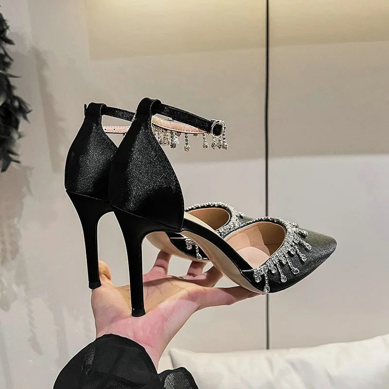Comemore White Wedding Bridesmaid Shoes Satin Fashion Rhinestone Fringe Chain High Heels Black Temperament Elegance Pumps