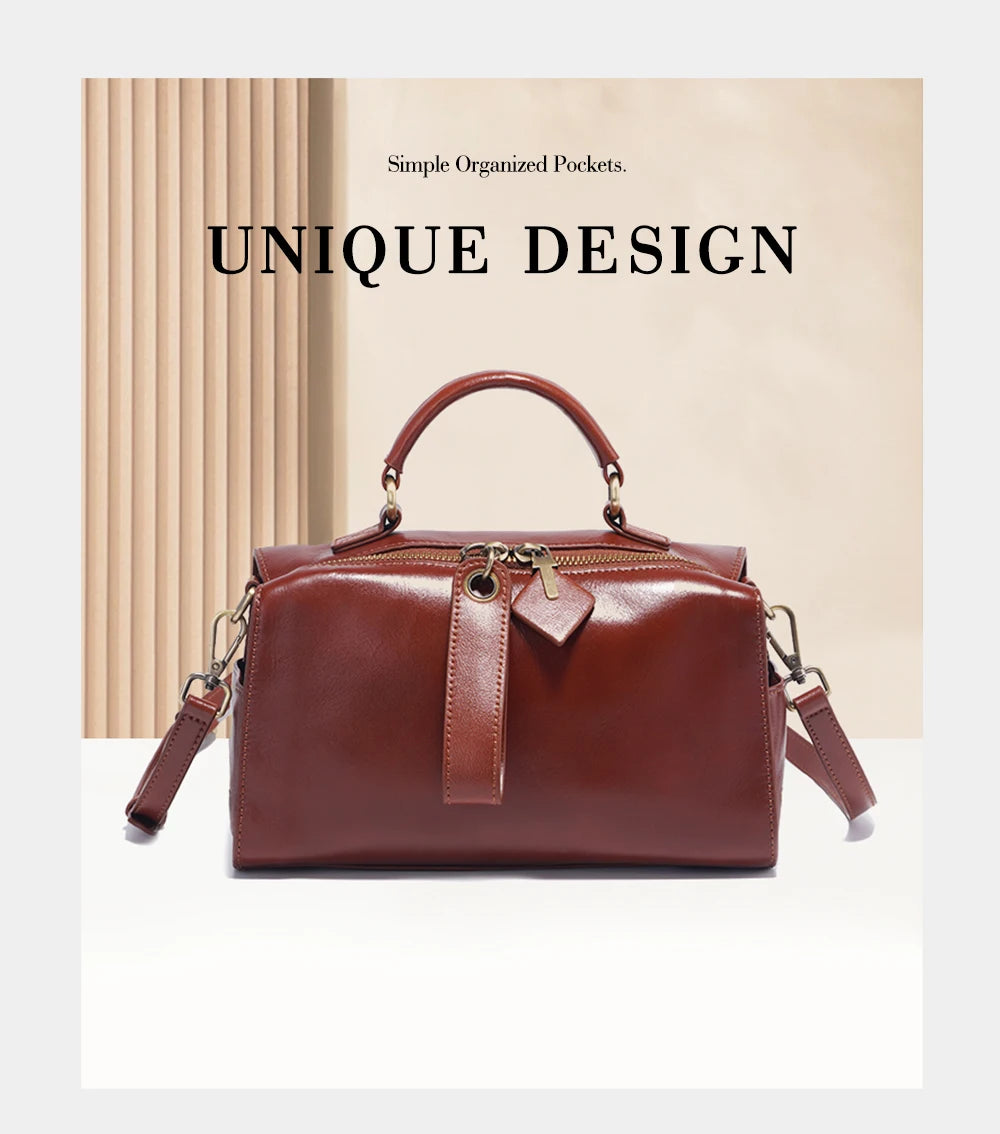 Zency Oil Wax Leather Vintage Green Handbag Women Shoulder Bag Satchel Black Wave Pattern Wide Strap Classic Boston Bag Purse