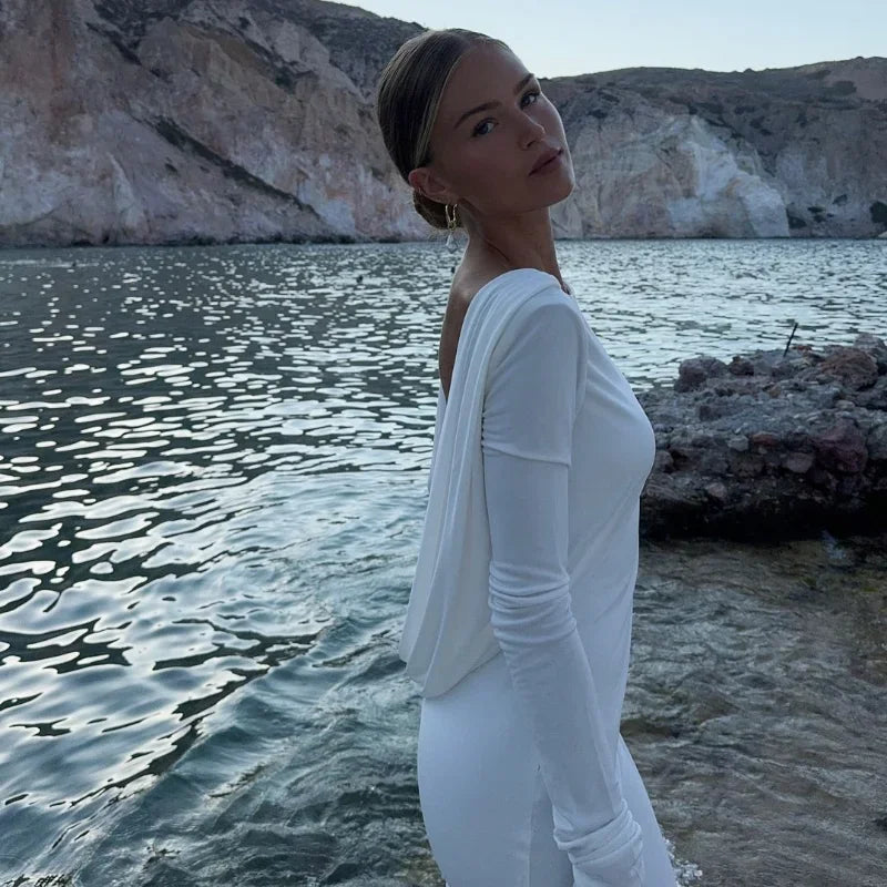 Chic Backless White Long Sleeved Slim Fit Dress for Women Pleated Elegant Round Neck Long Dresses New Female Evening Gowns