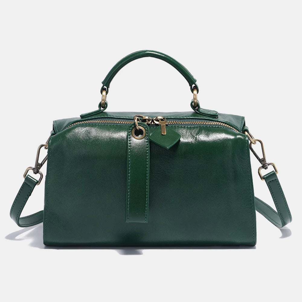 Zency Oil Wax Leather Vintage Green Handbag Women Shoulder Bag Satchel Black Wave Pattern Wide Strap Classic Boston Bag Purse