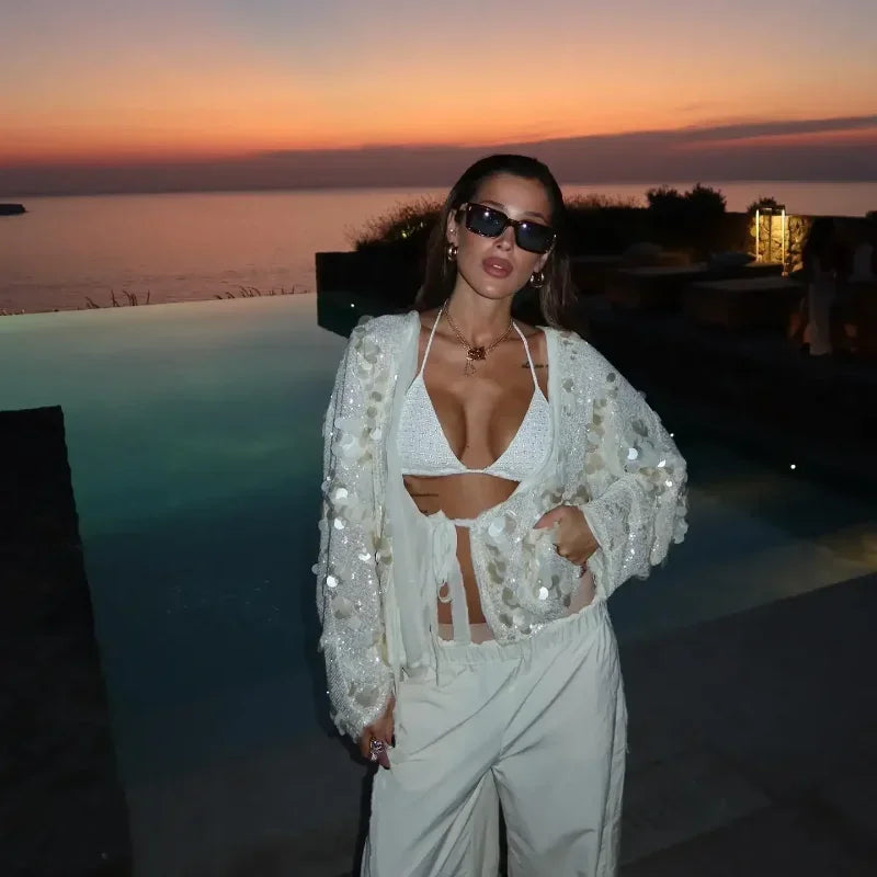 Fashion Women Sequined Lace Up Looseen Shirt Casual Female Long Sleeves V Neck Blouse 2025 Chic Female Spring Commute Streetwear