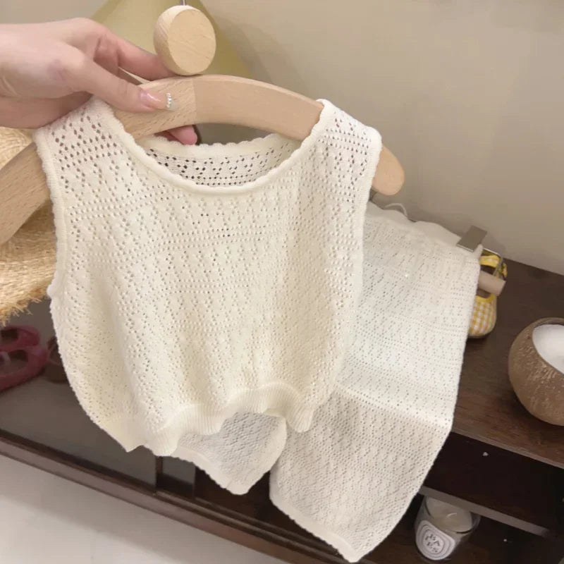 Girl's Clothing Summer Korean Thin Knitted Girl Set Children Hollow Breathable Vest + Wide Leg Pants Two-piece Suit