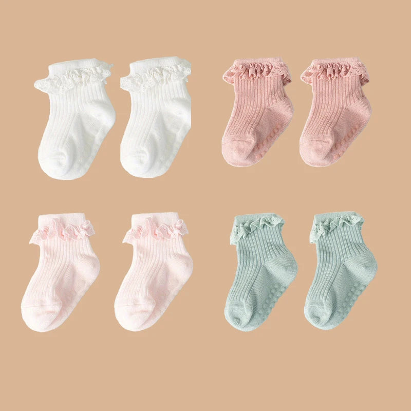 2pairs/lot Children's non slip socks for infants and young children 0-6 months girls' solid colored lace socks baby floor socks