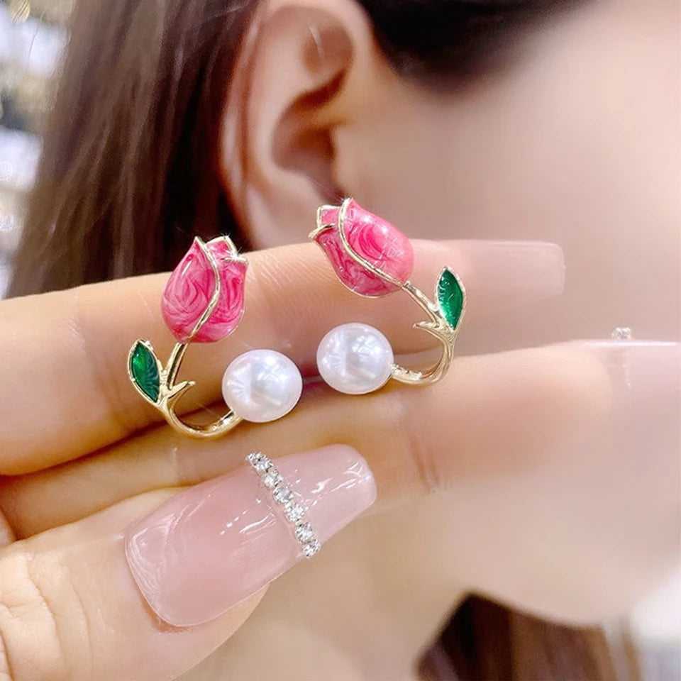 ZAKOL Fresh Rose Stud Earrings with Imitation Pearl Sweet Pink Tulip Earrings Exquisite New Accessories for Women Trendy Jewelry