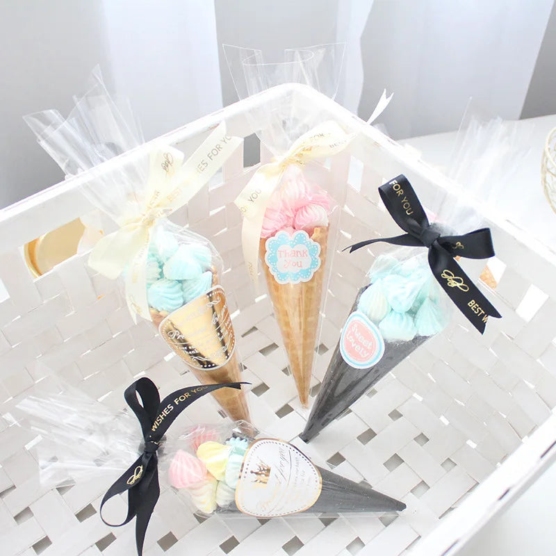 50/100pcs Candy Bags Cellophane Popcorn Bags Cone Cookies Storage Bags with Gold Twist Ties Wedding Birthday Party Favors