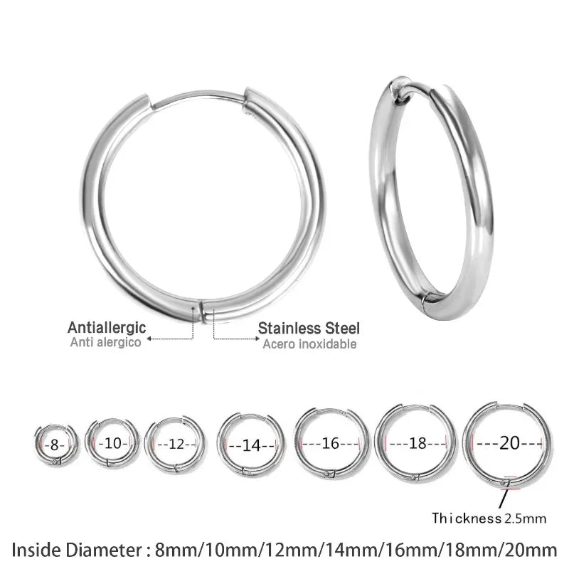 2Pcs Small Hoop Earrings for Women Men, Silver Color Stainles Steel Round Circle Pendientes Mujer Hypoallergeic