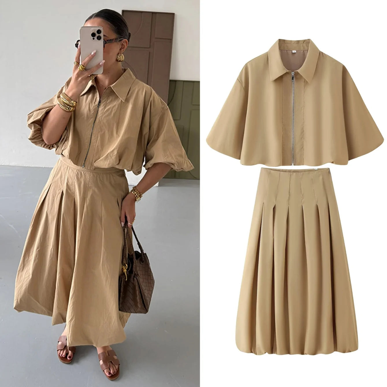Women's Autumn New Short Zipper Jacket Short Sleeved Top High Waisted Pleated Lantern Flower Bud Half Skirt Set