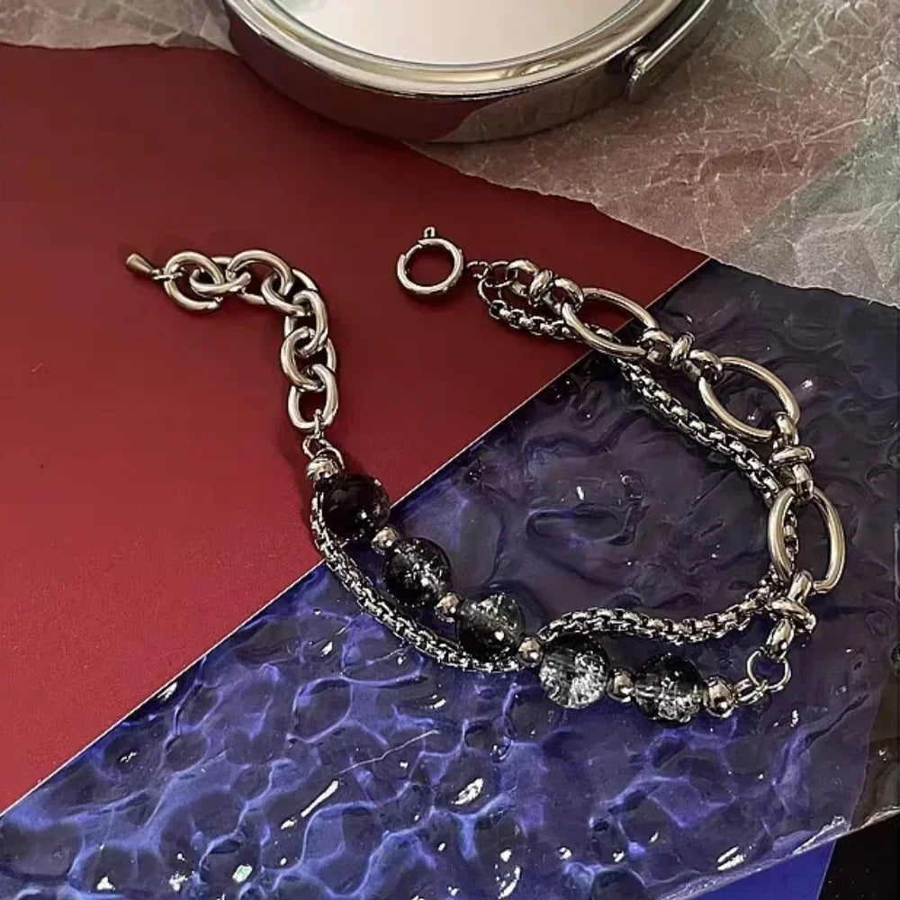 Retro Black Cracking Beads Bracelet for Men Women Stainless Steel Double Layered Chain Fashion Hip-pop Jewelry Pulseras