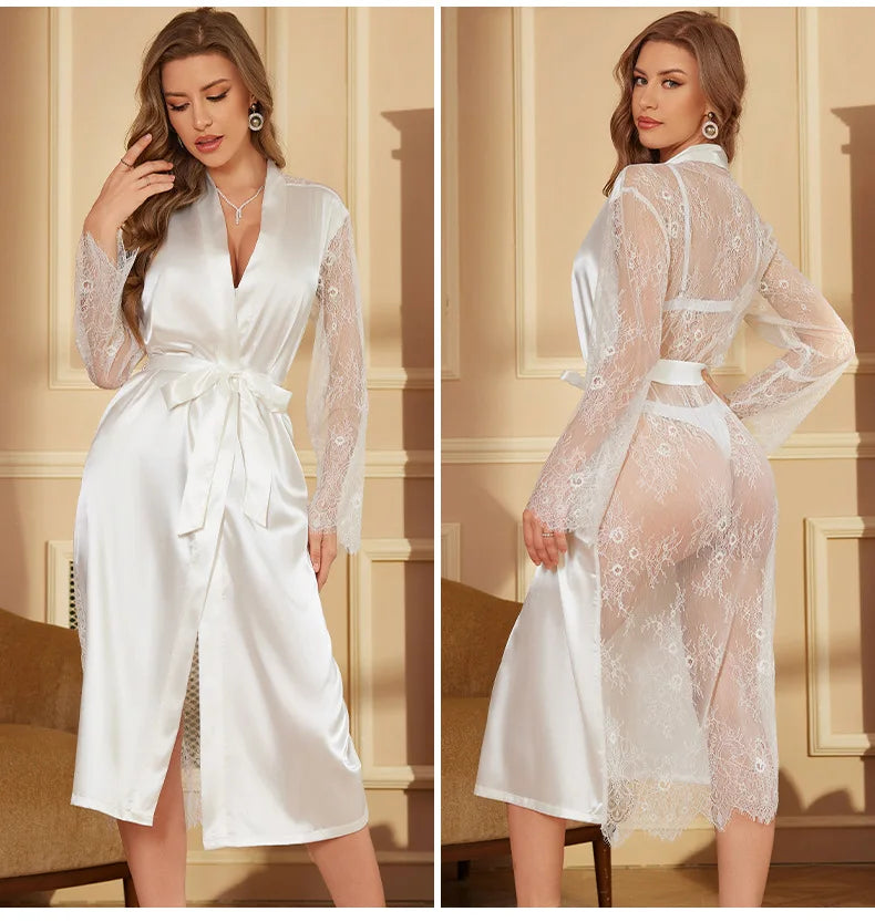 Long Robe Lounge Wear Sexy Temptation Perspective Lace Bathrobe Kimono Gown Silky Satin Sleepwear Nightgown Homedress