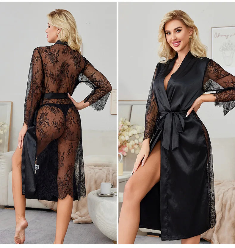 Long Robe Lounge Wear Sexy Temptation Perspective Lace Bathrobe Kimono Gown Silky Satin Sleepwear Nightgown Homedress