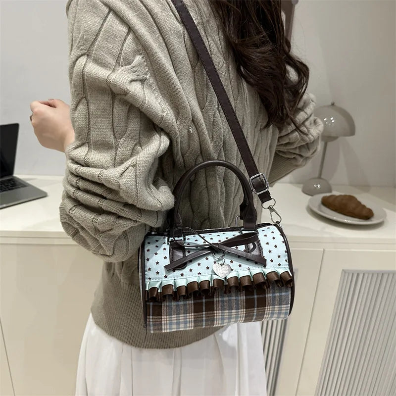 Korean Bow Pillow Bag Women Star Checkered Handbag Blue Brown Pleated Edge Shoulder Bag Cute Heart-shaped Pendant Crossbody Bag