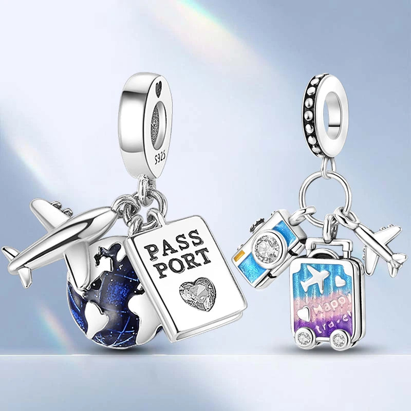 925 Sterling Silver Charms Bead Dangle Airplane Luggage Passport Travel Charms Fit Original Charms Bracelet Jewelry Gift