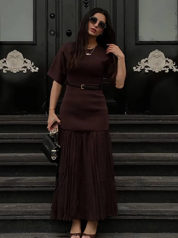 Chic Splicing Brown Half Sleeve Maxi Dress Women's Casual Pleated A-line Slim Vestidos Female Office Commute Street Robes