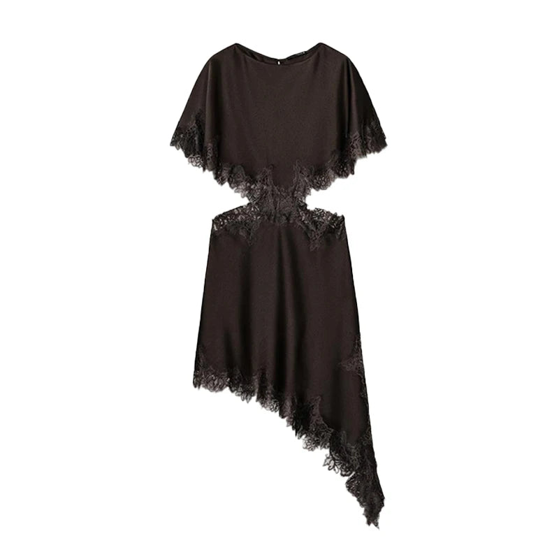 Lace Women's Dress Opening Design Solid Dress Female Sexy O-Neck Hollow Waist Elegant Party Dresses Slanted Hem Dresses Ladies