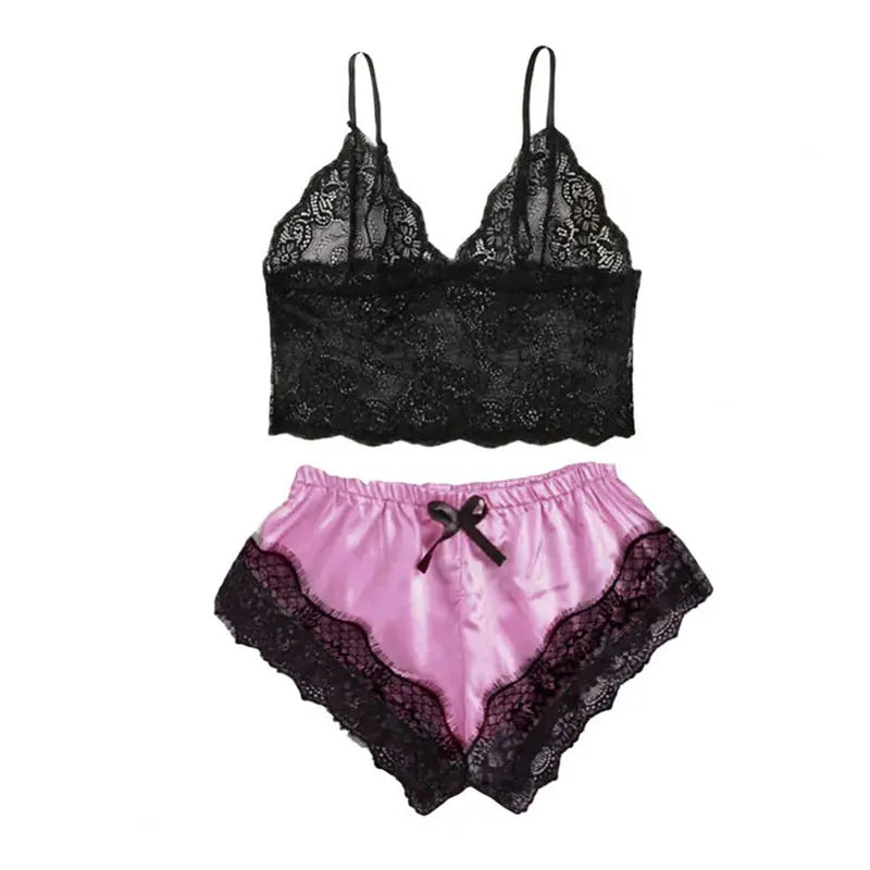 Women's 2 Piece Sexy Lace Pajama Set See-through Bralette Cami Top And Shorts Breathable Sleepwear Plus Size Summer Lingerie