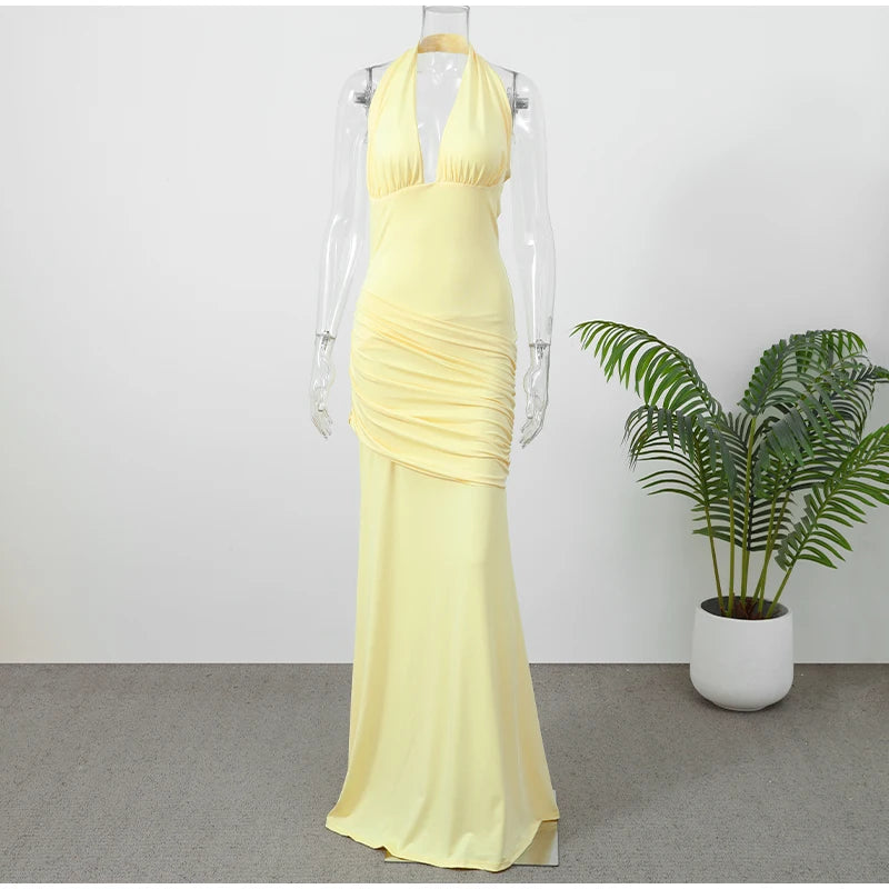 Sexy Yellow Mermaid Maxi Dress Halter Plunging V Neck Pleated Bust Ruched Waist Bodycon Dresses Trendy Social Gathering Vestido