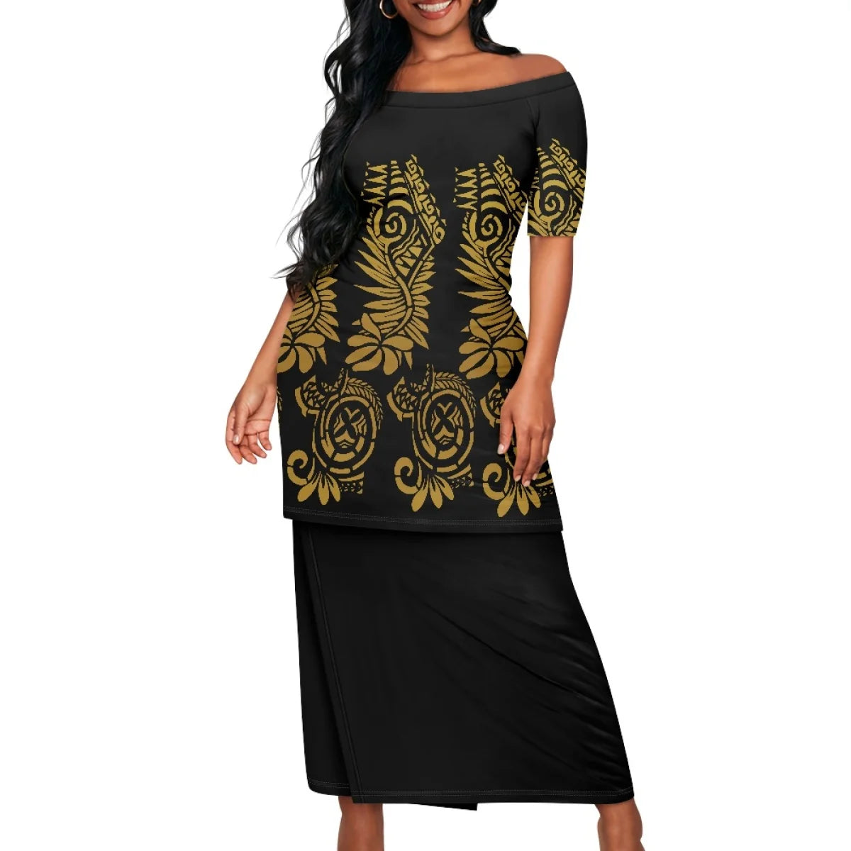 Summer Islander Women Puletasi Samoa Dresses Lady Short Sleeve Off shoulder Two Piece Set Polynesian Tribal Clothing White Print