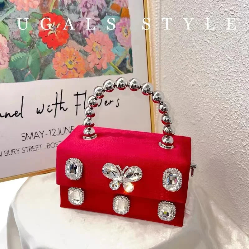 Luxury Designer Satin Square Box Crystal Shiny Diamonds Evening Bag Women's Handbag Wedding Party Clutch Purse Crossbody Bag
