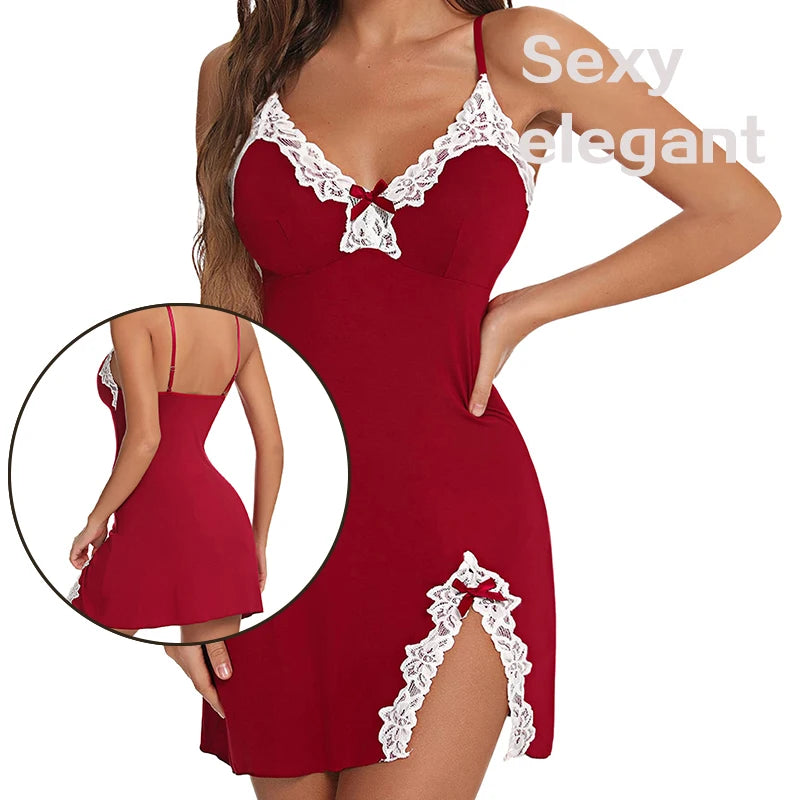 Sexy Summer Sleepwear Women Lace Silk Satin Night Deress Sleeveless V-Neck Split Hem Soft Lingerie Sleepwear Female Clothes