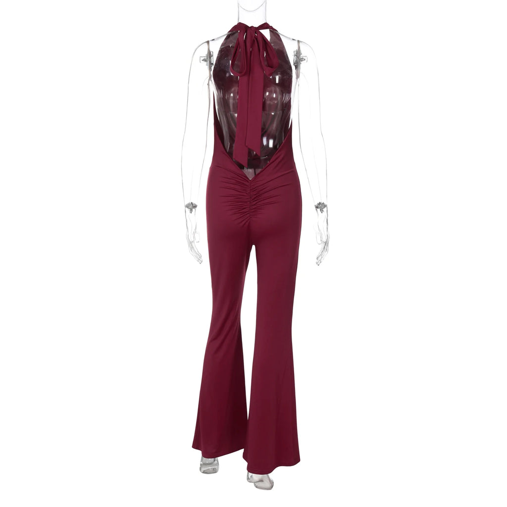 Dulzura Summer Solid Sexy Halter Swinging Collar Backless Slim Lace Up Flared Jumpsuit