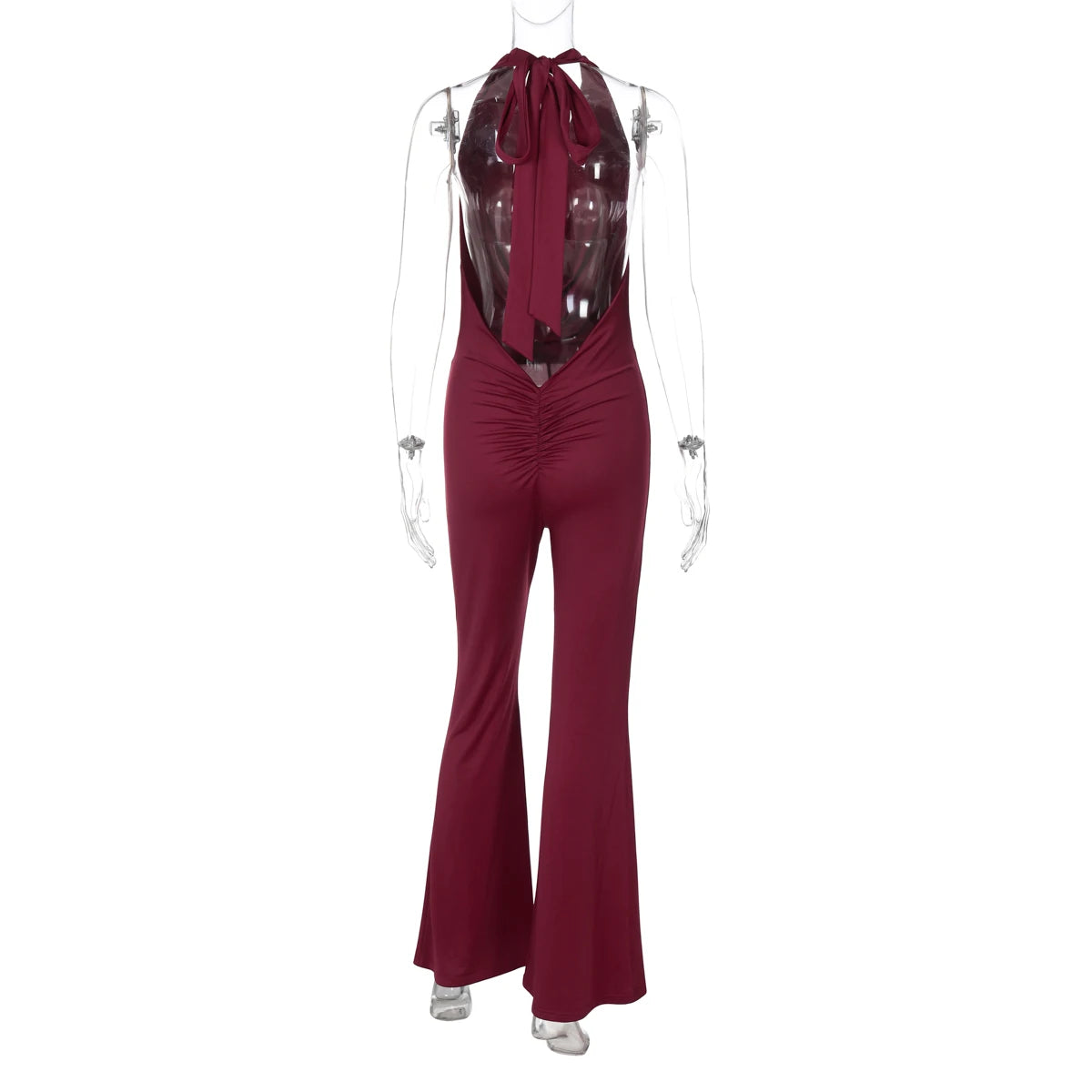 Dulzura Summer Solid Sexy Halter Swinging Collar Backless Slim Lace Up Flared Jumpsuit