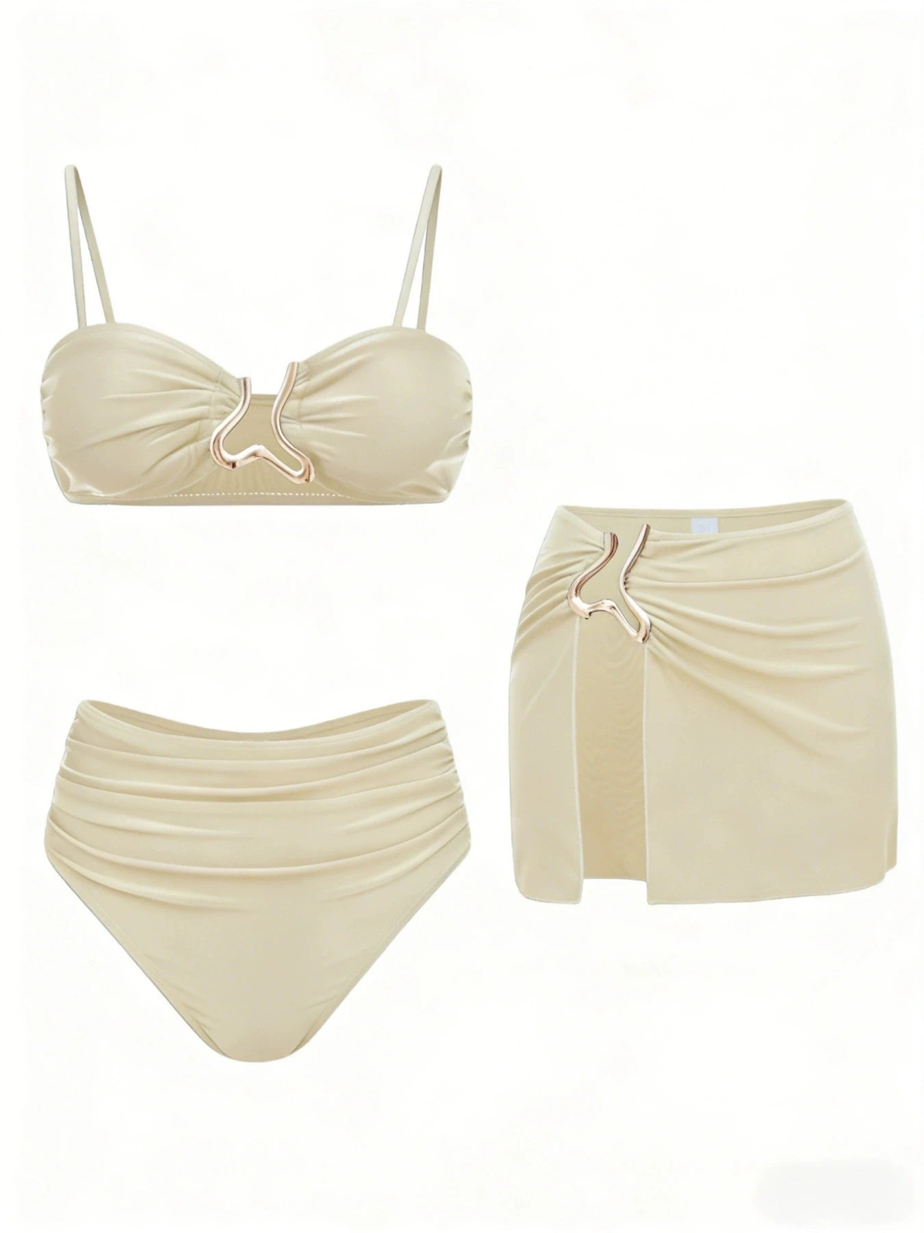 Sexy Detachable Shoulder Bikini Set Women Brown Metal Push Up High Waist Swimsuit Beach Bathing Suit Skirt 3 Piece Swimwear