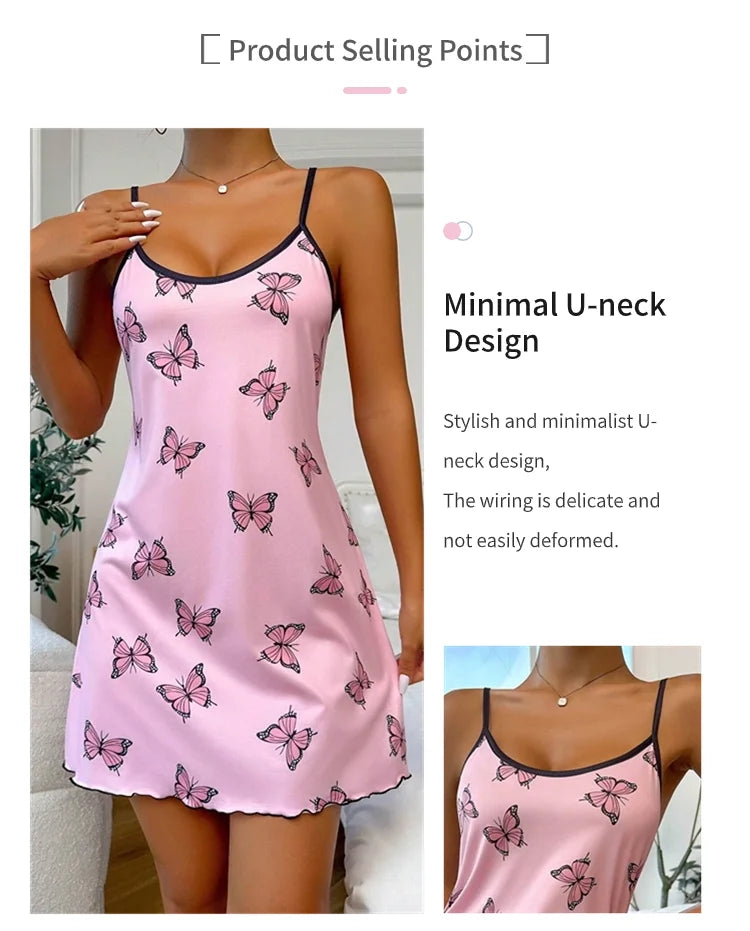 Women's Sleepwear Butterfly Print Lettuce Trim Nightdress Casual Round Neck Backless Mini Slip Dress Soft Comfortable Nightwear