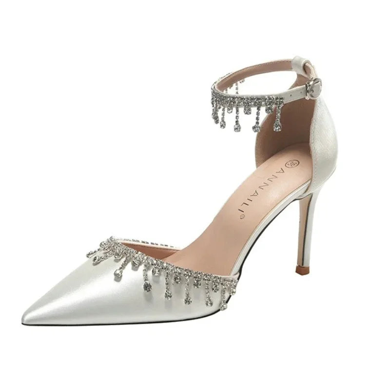 Comemore White Wedding Bridesmaid Shoes Satin Fashion Rhinestone Fringe Chain High Heels Black Temperament Elegance Pumps
