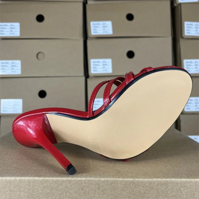 SDTRFT Slides Plus:45 46 47 48 Women Party Sandals Summer Elegant 13cm Thin High Heels Narrow Band Shoes Peep Toe RED Pumps
