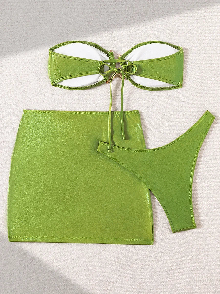 3 PCS with Sarong Skirt Bandeau Bikini Women Swimwear Female Swimsuit Three-pieces Bikini Set Bather Bathing Suit Swim Beachwear