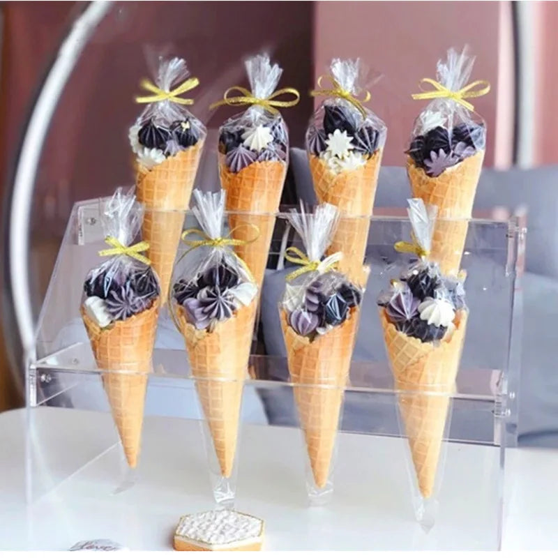50/100pcs Candy Bags Cellophane Popcorn Bags Cone Cookies Storage Bags with Gold Twist Ties Wedding Birthday Party Favors