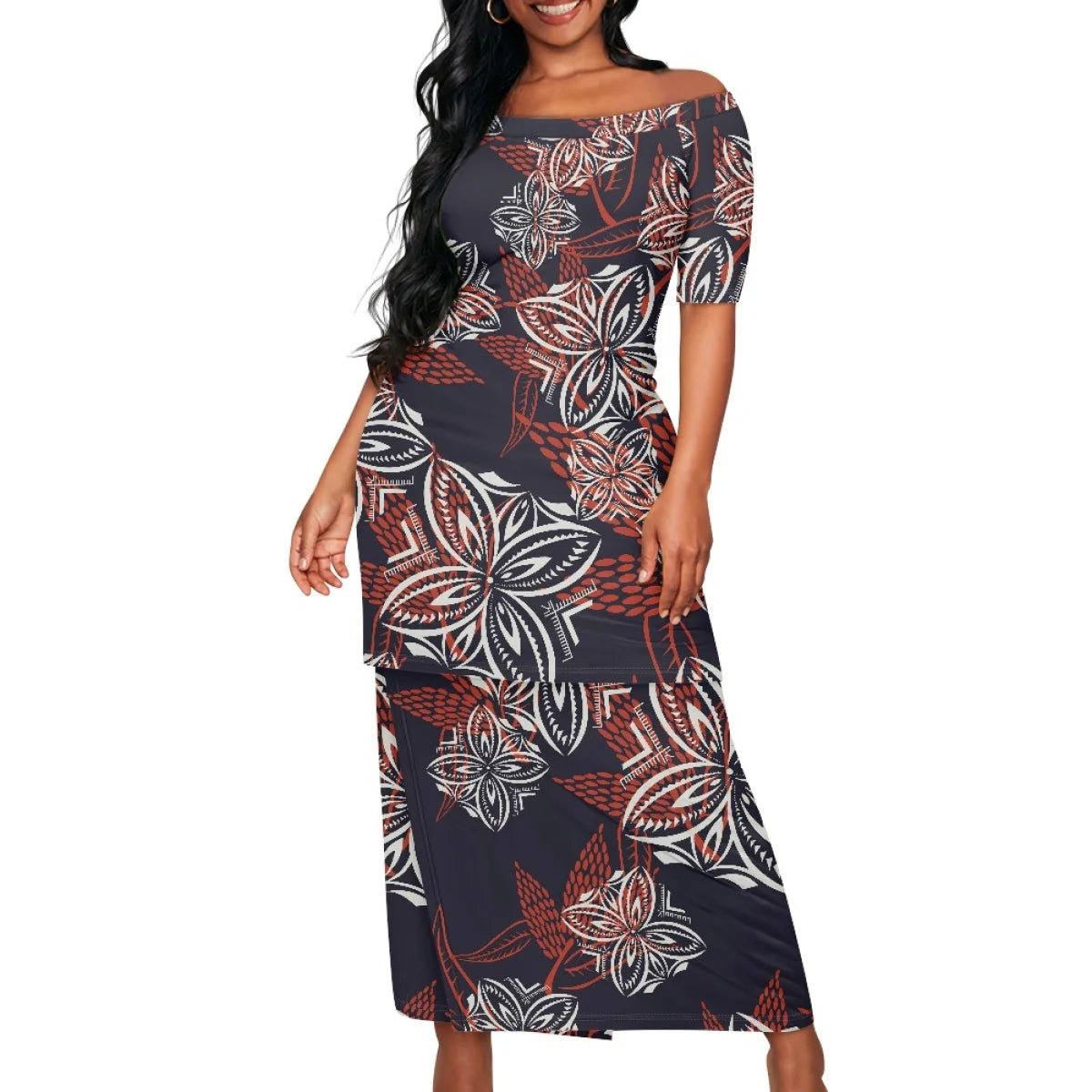 Summer Islander Women Puletasi Samoa Dresses Lady Short Sleeve Off shoulder Two Piece Set Polynesian Tribal Clothing White Print