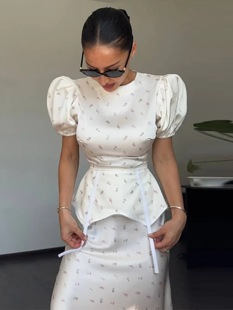Women's White Floral Print Puff Sleeve Dress With Waistband Fashion Satin Ruffled Hem Maxi Dress