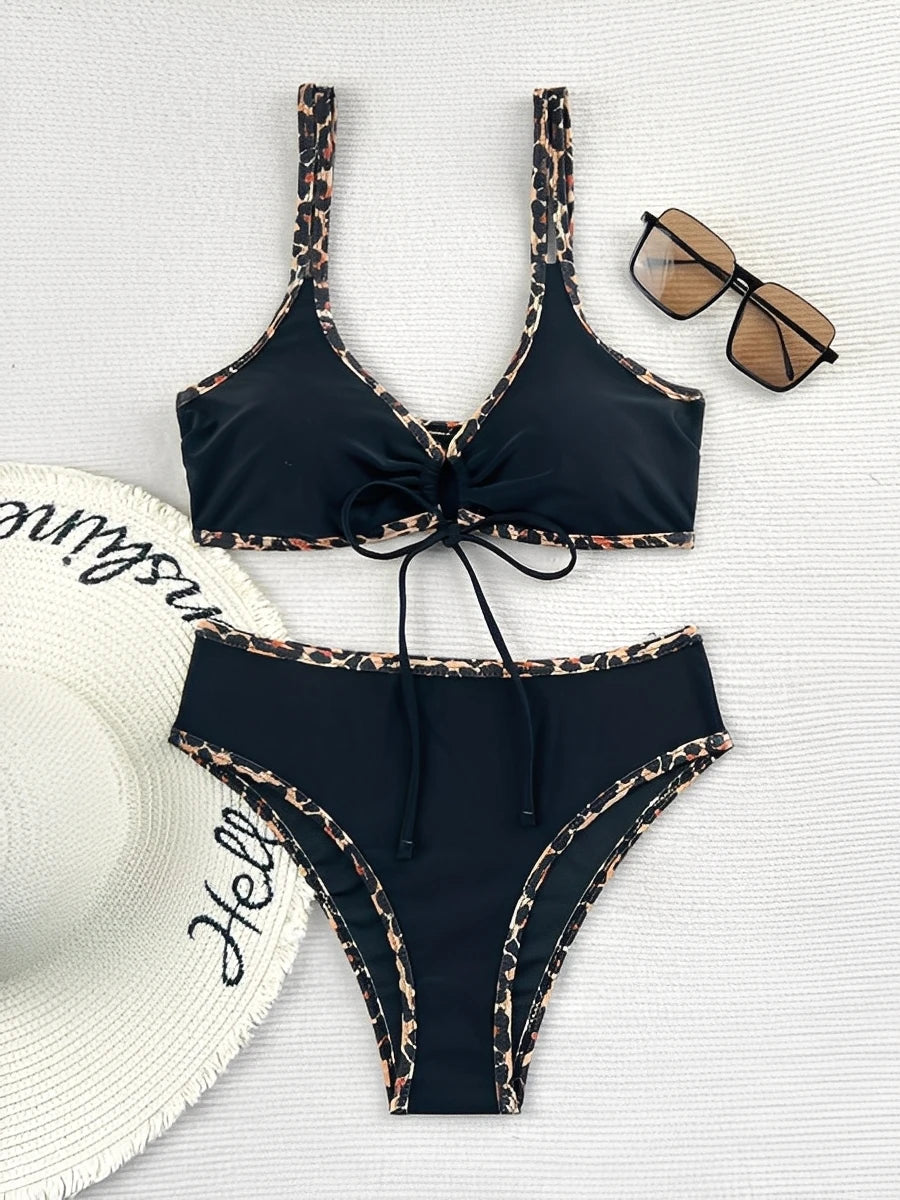 Leopard Bikinis High Waist Swimsuit Women Tie Front Strappy Swimwear Female Beachwear Bathers Bathing Swimming Swim Suit