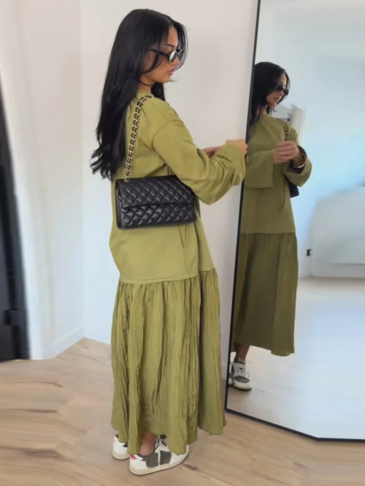 Short Sleeve Patchwork Oversized Long Dress Women Elegant O-neck Pleated Loose Party Evening Dresses Summer Casual Lady Vestidos