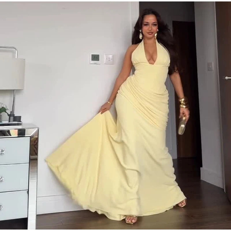 Sexy Yellow Mermaid Maxi Dress Halter Plunging V Neck Pleated Bust Ruched Waist Bodycon Dresses Trendy Social Gathering Vestido